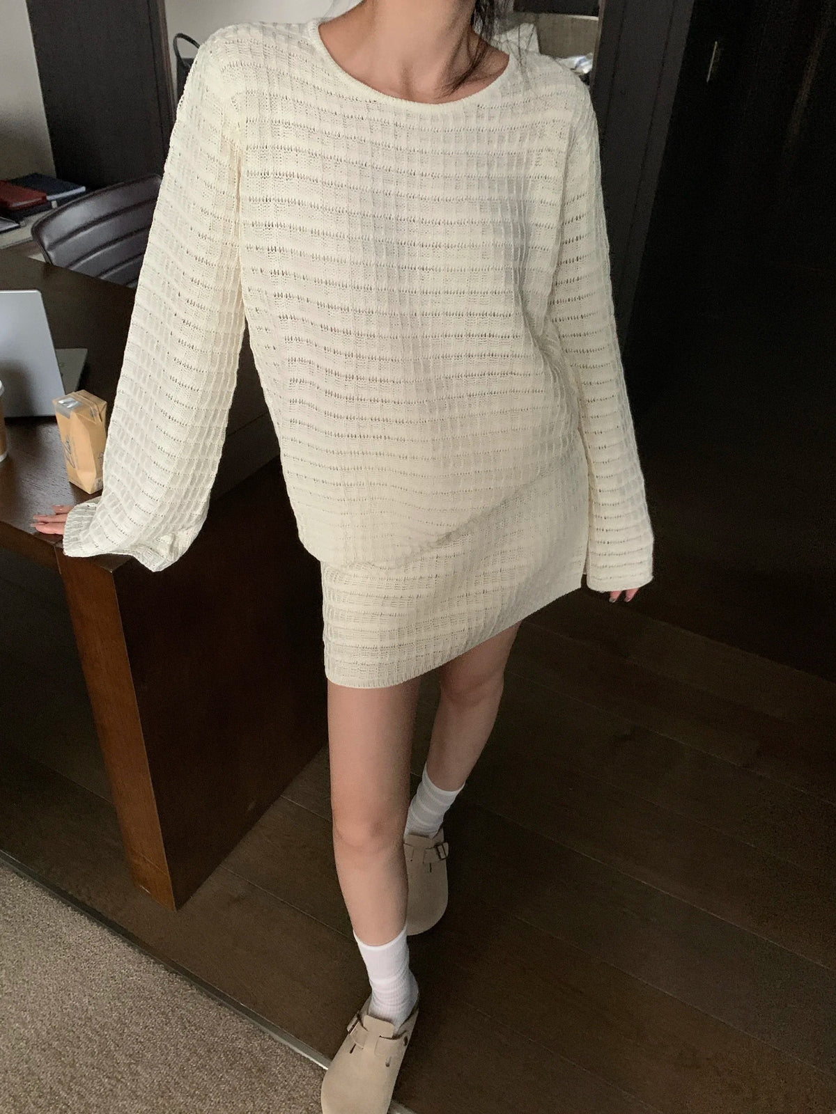 Autumn New Oneck Color All Match Hollow Flare Sleeve Sweater + High Waist Knitted Skirt Twopiece Suit