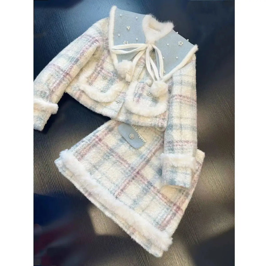 Sweet Hot Girl Suit Autumn and Winter Longsleeved Cotton Padded Coat High Waist Aline Skirt Twopiece Set