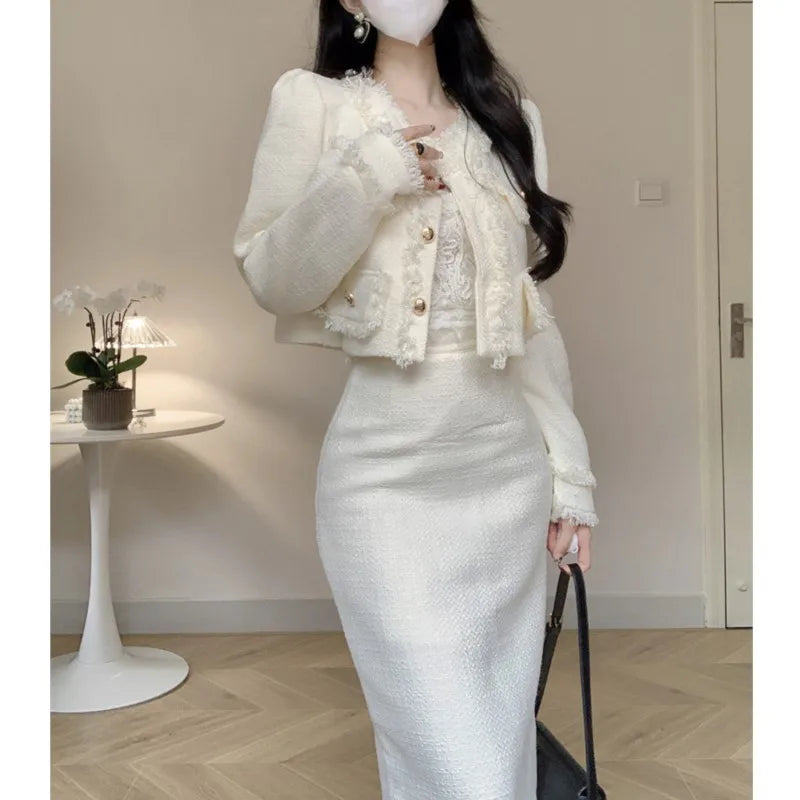 Korean Two-piece Skirt Sets Crop Jacket Coat Bodycon Midi Skirt Autumn Winter New Female Outfits