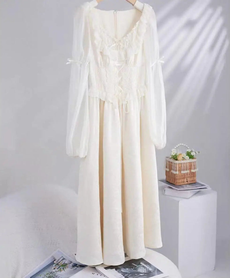 Puff Sleeves Lace Up Midi Dress Summer Medieval Retro Evening Party Prom Onepiece Clothing