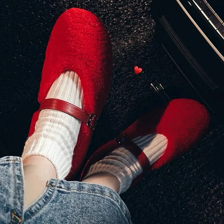 New Foreign Trade Hairy Shoes for , Mary Jane Shoes, Sheep Fur One Step Shoes, Red Single Shoes
