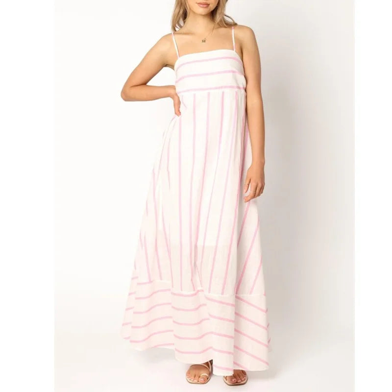 Vacation Dresses Summer Striped Spaghetti Strap Sleeveless High Waist a Line Long Dresses Party Clubwear