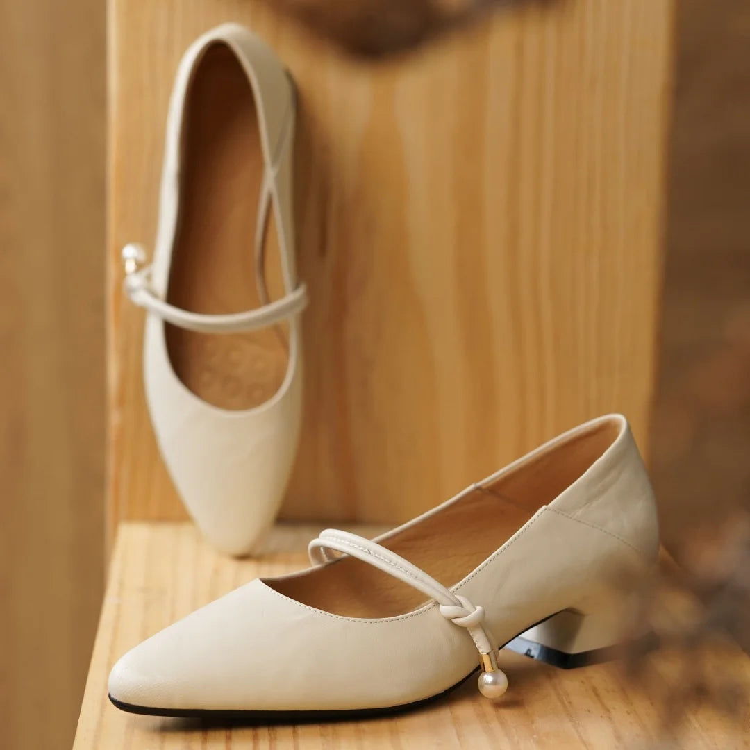 3441 Genuine Leather Pointed Toe Mary Jane Pumps 3cm Kitten Heel Daily Dress Heeled Shoes
