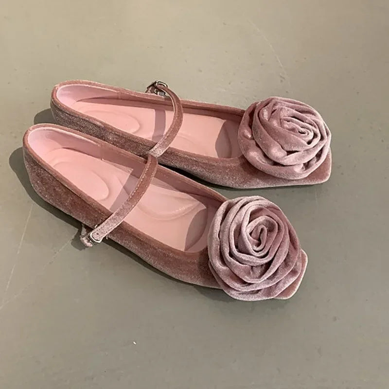 Flock Flowers Flat Shoes for Shallow Dress Shoes Comfort Soft Sole Square Toe Designer Mary Jane Ballet Shoes