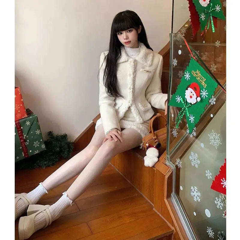 Sweet Hot Girl Maillard Style Suit Autumn/winter Woolen Patchwork Slim Coat Highwaisted Skirt Twopiece Set