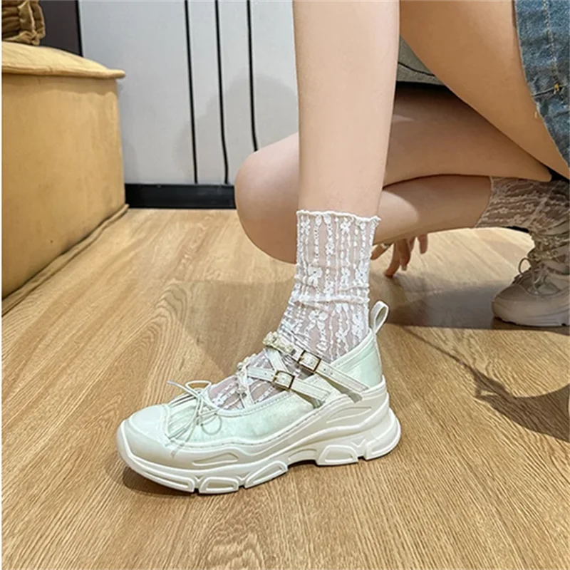String Bead Butterflyknot Breathable Sneakers Laceup Thick Bottom Handmade Shoes Tenis De Mujer