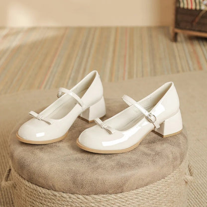 Patented Leather Mary Jane Shoes Retro Thick Heel Round Toe Shoes New One Line Buckle Lace Up Single Shoe