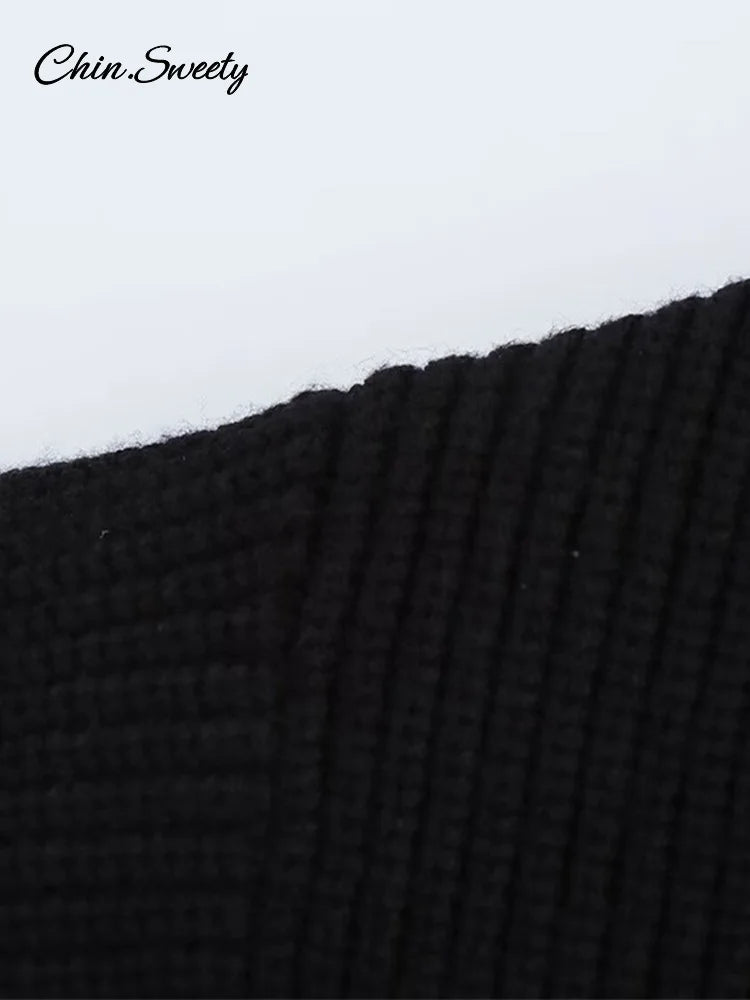 ’s Beading Sweater Pullover Knitted Black Long Sleeve O-neck Jumper New Spring Lady Outwears