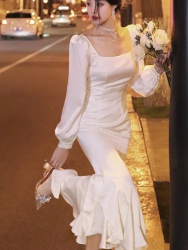 Spring Ruffles Midi Dress Evening Party Prom Vestidos Summer Long Sleeve Female Clothes Robe Korean