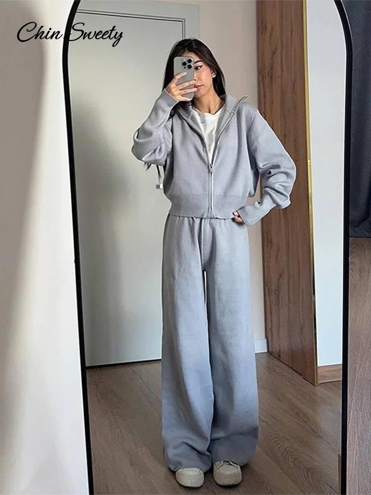 Knitted Pants Sets Stand Collar Zipper Cardigan Loose High Waist Pants Suits Autumn Winter New in Matching Outfits