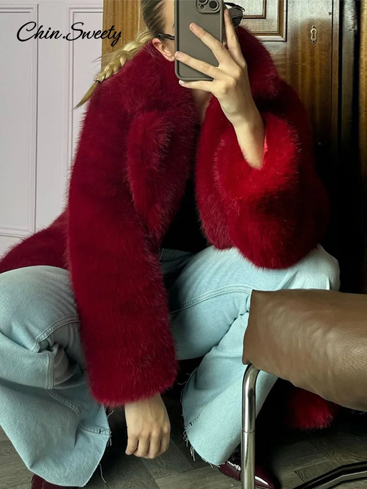 ’s Red Faux Fur Long Overcoat Fleece Thick Warm Full Sleeve Lapel Cardigan Coat Winter Loose Outerwear