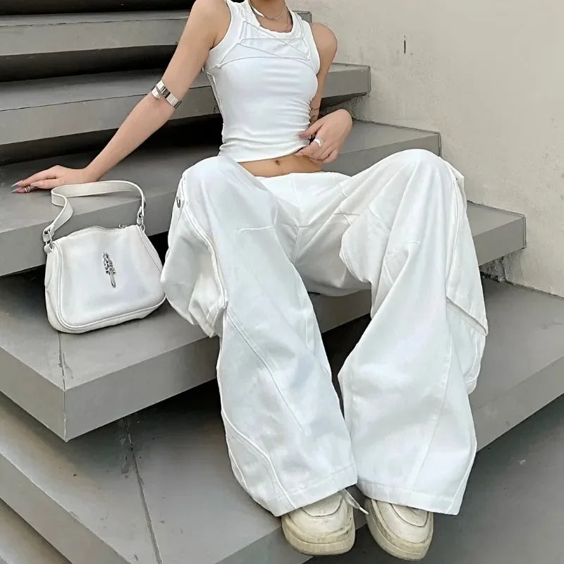 Baggy Cargo Jeans Woman Korean Harajuku Wide Leg Denim Pants Basic White Trousers