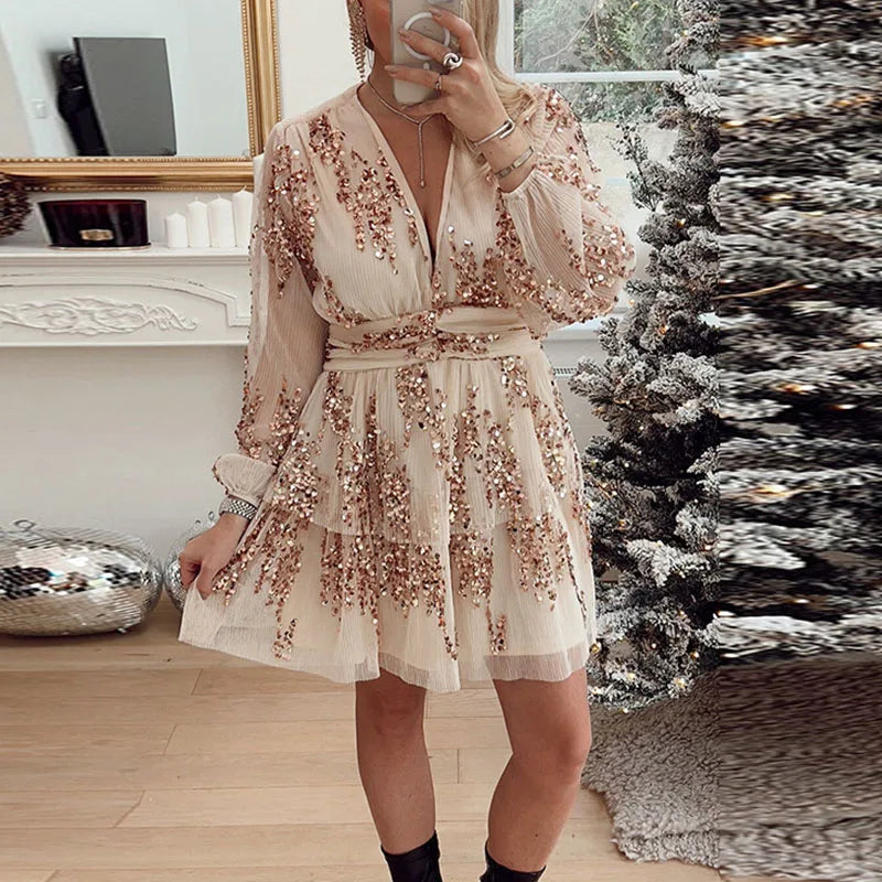 Deep Vneck Layer Christmas Dress Spring Glitter Sequins Shiny Party Dress Autumn Long Sleeve Tunic Aline Mini Dress
