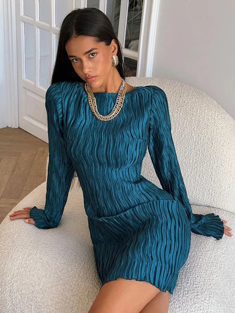 Textured Ruched Long Sleeve Dress for Mini Dress Female Club Party Outfits Autumn New