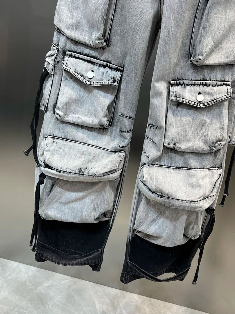 Gradient Multiple Pockets Design Jeans Single Button High Waist Denim Pants Autumn Female New