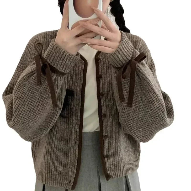 French Style Cardigan Autumn Winter Sweet Bow Knitted Sweater Coat Knitwear Simple Clothes