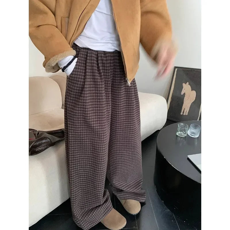 High Waist All Match Tweed Pants Spring New Contrast Color Plaid Wide Leg Pants