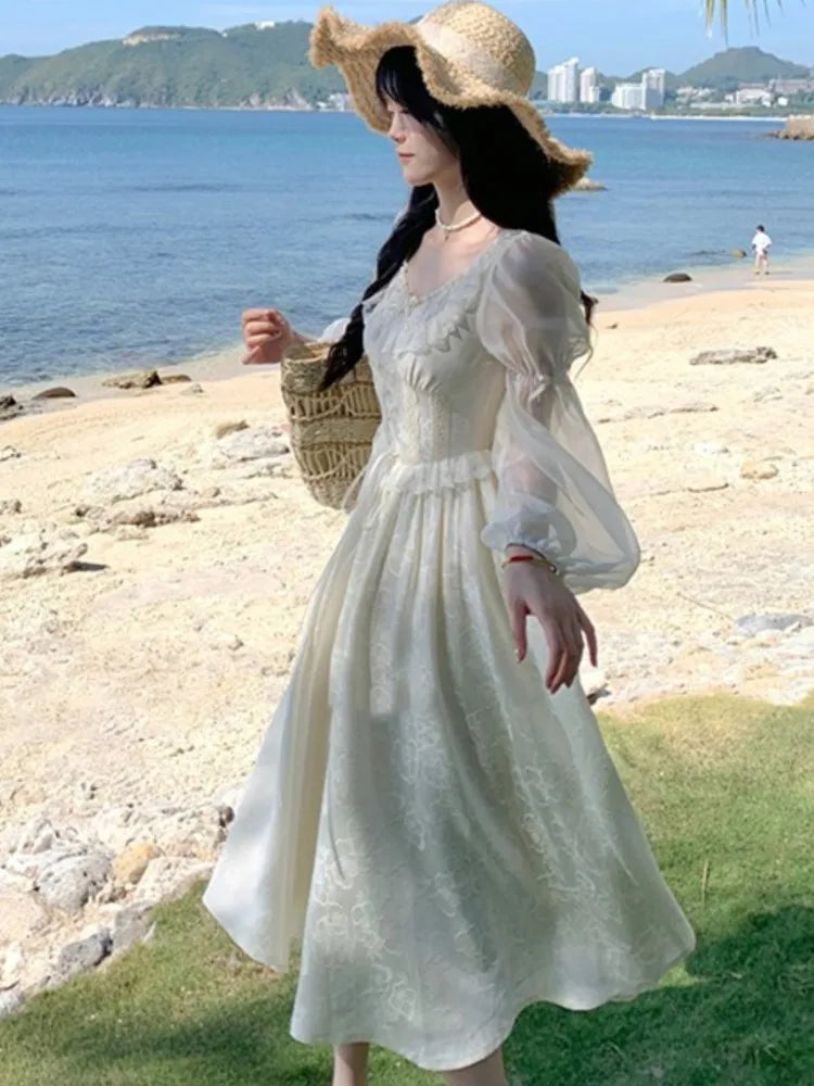 Puff Sleeves Lace Up Midi Dress Summer Medieval Retro Evening Party Prom Onepiece Clothing