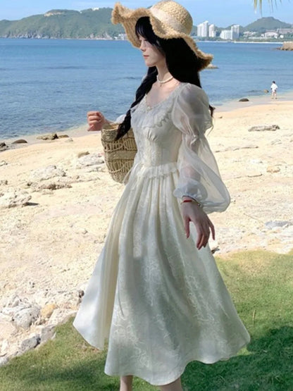 Puff Sleeves Lace Up Midi Dress Summer Medieval Retro Evening Party Prom Onepiece Clothing
