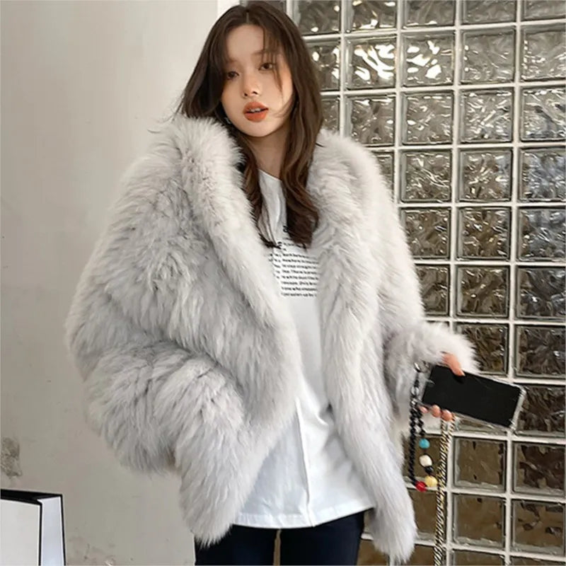 Winter Faux Fur Coat Hooded Loose Long Sleeve Outerwear High Street Fur Jacket Female Overcoats New