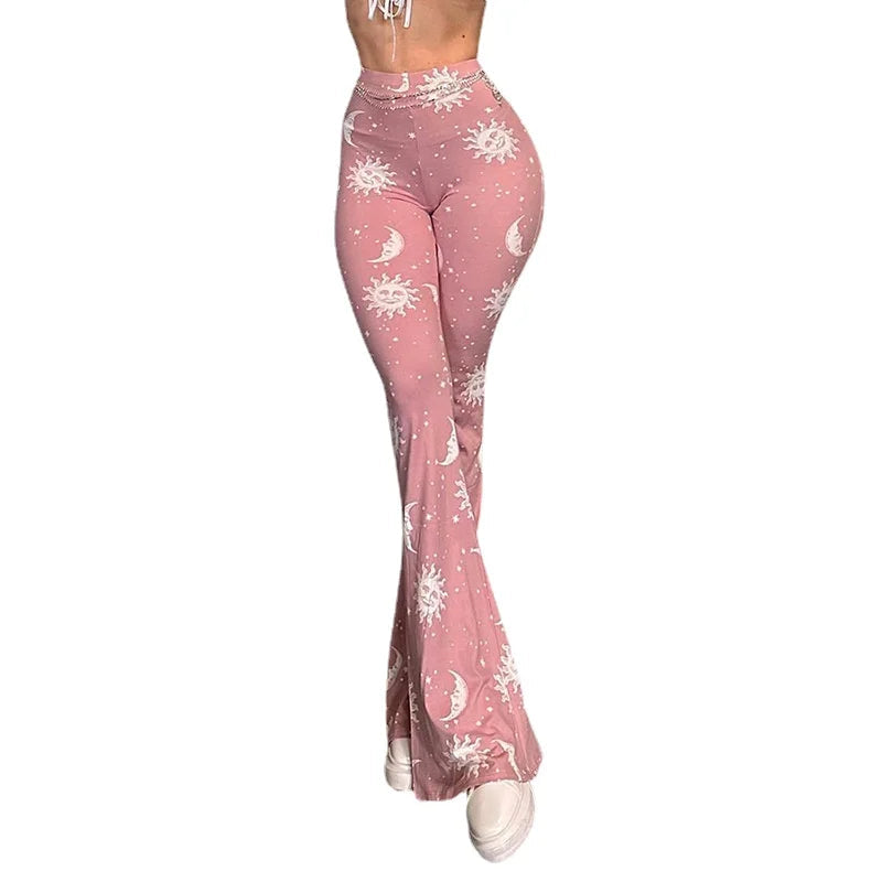 Pink Graphic Flare Pants 90s Clothes Elastic High Waist Sweatpants Harajuku Yk2