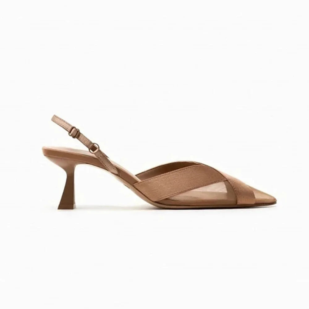 Cross Upper Pumps Slingbacks Point Head Spike Kitten Heels Sandals for Woman Khaki Heels Slipper Shoes Trend