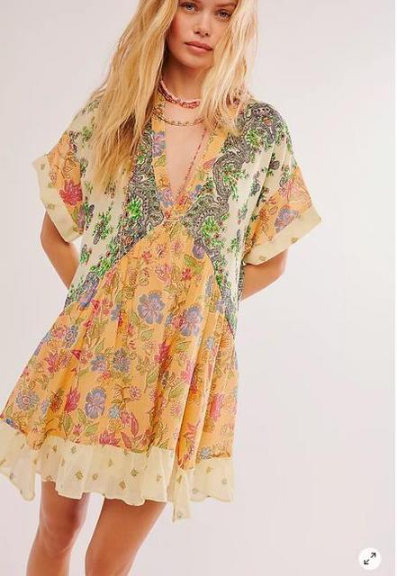 Color Print Mini Dresses Spring Summer New V-neck Short Sleeves Folds Loose Irregular Short Dress Vestidos