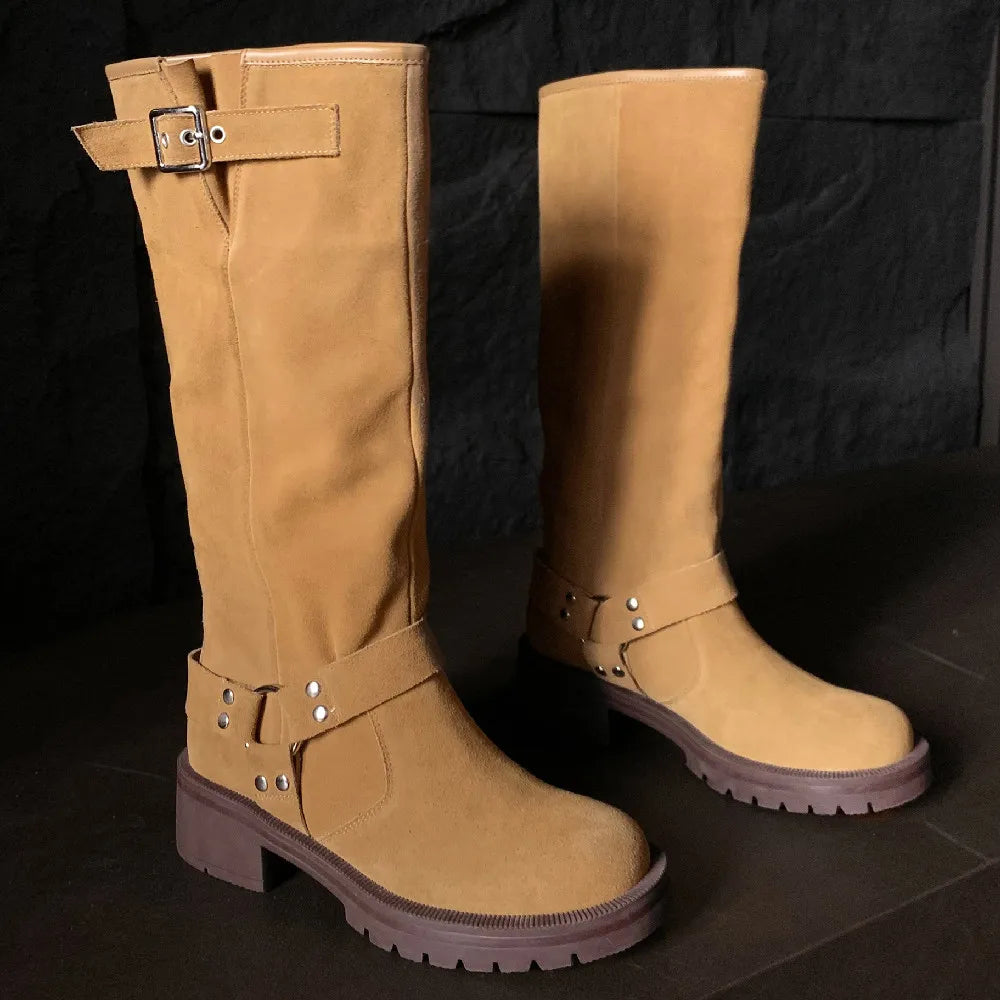 Natural Suede Leather Slipon Autumn Knee High Boots Thick Sole Platform Flats Winter Long Boots Metal Buckle Punk Shoes