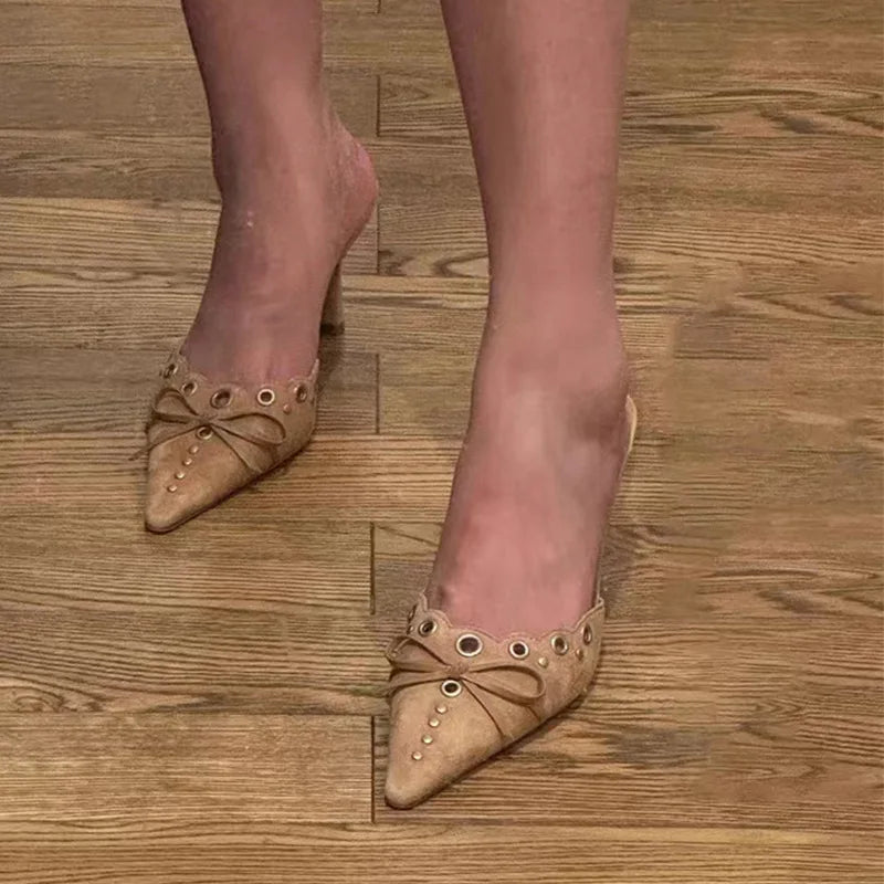 Suede Bow Cutout Pointed Toe Slippers Stiletto High Heels Metal Decorative Sandals Shallow Mules Shoes