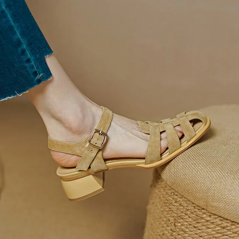 New Summer Sandals Sheep Suede Leather Shoes for Round Toe Chunky Heel Shoes Cover Toe Sandals Gladiator Shoes