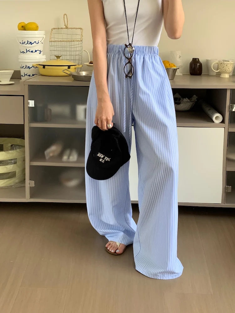 Korean Summer Age Reducing Temperament Elastic Waist Drawstring Loose Versatile Striped Pants Floor
