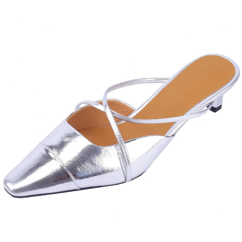 Spring Summer Sandals Party Genuine Leather Thin Heels Mules Slippers Narrow Band Shoes Woman