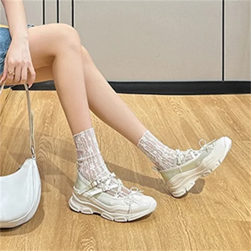 String Bead Butterflyknot Breathable Sneakers Laceup Thick Bottom Handmade Shoes Tenis De Mujer