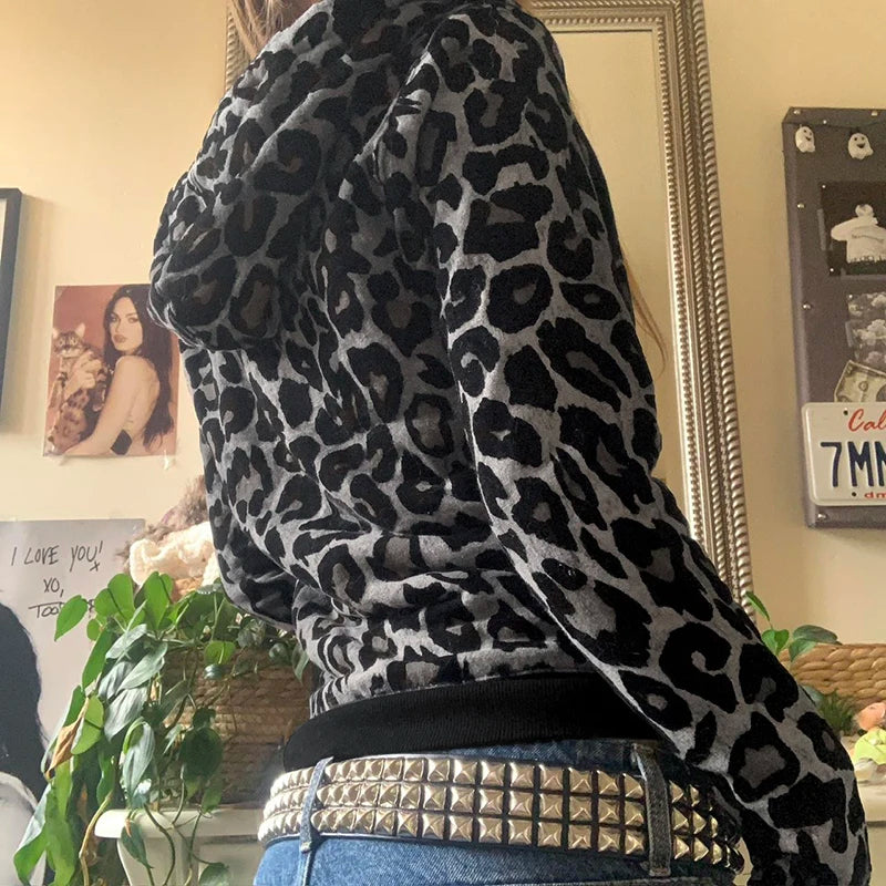 Leopard Print Velvet Hoodie Grunge Loose Zipup Hooded Sweatshirts Y2k Contrast Patchwork Cardigan Retro Thin Coat New