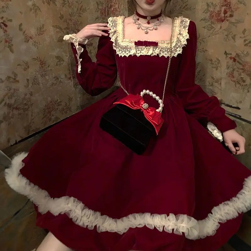 French Style Bow Lace Velvet Long Dress Autumn New Long Sleeve Temperament Princess Style Dresses