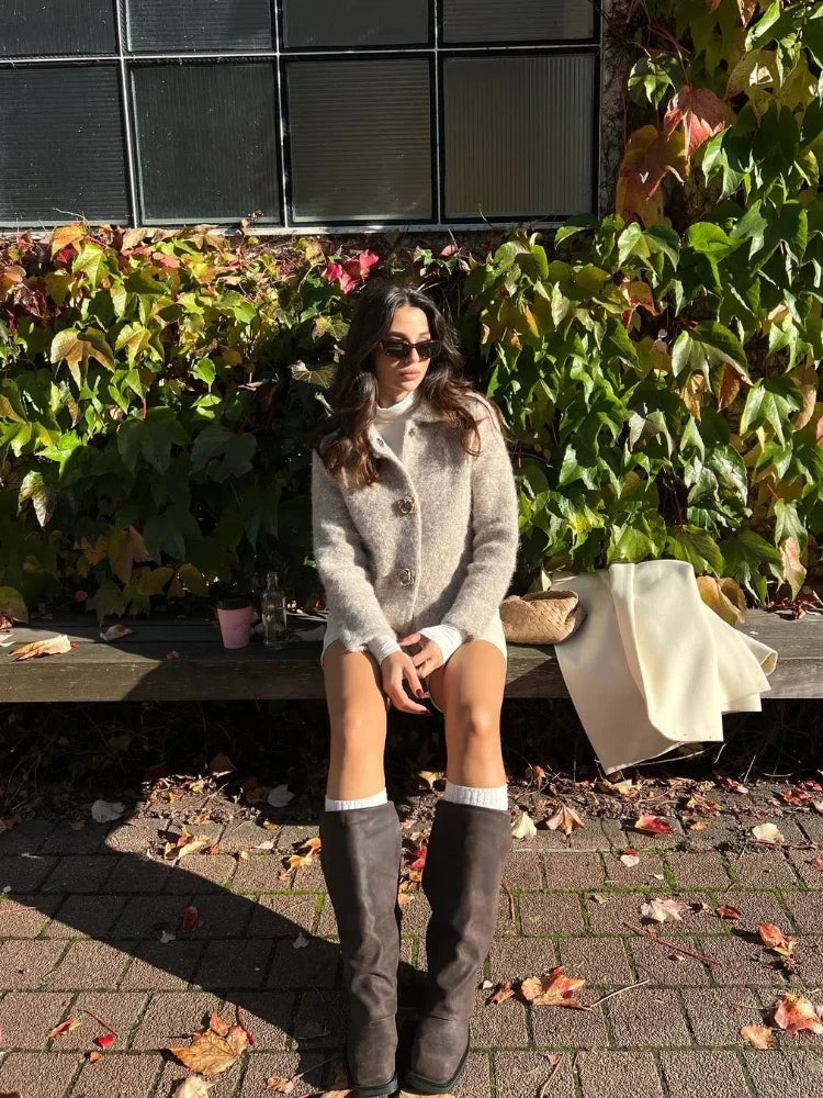 3d Flower Button Cardigan Thick Plush Lapel Single Breasted Sweater Coats Female Autumn Versatile Knitwear