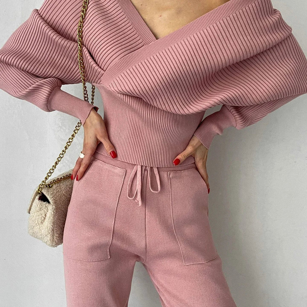 Knit Vneck Pullover 2 Pieceset for Patchwork Sweater and High Waist Drawstring Pants Sets Outfits