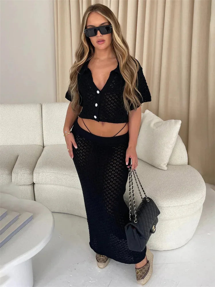 Knit Hollow Out 2 Piece-set Long Skirt ’s Cropped Top Cardigan and High Waist Maxi Skirt Outfits Female Clothes
