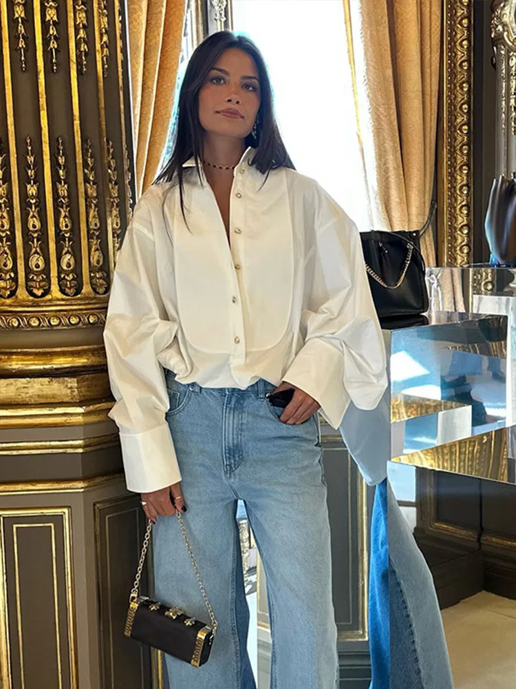 ’s Loose Shirts White Raglan Sleeve Lapel Single Breasted Blouses Spring Office Lady Y2k Street Tops