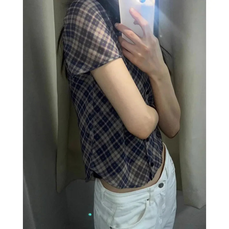 Korean Contrast Color Plaid Shortsleeved Shirt Summer New Polo Collar Multibutton Seethrough Crop Tops