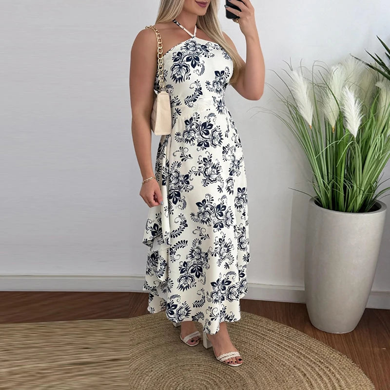 Halter Hollow Sleeveless Holiday Dress New Summer Print Ruffle Long Dress Backless Slim Party Dresses