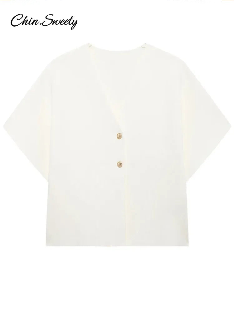 Knitted Vest Top for Short Sleeve V-neck Buttons Loose White Waistcoat Cardigan Female Autumn New in Outwears