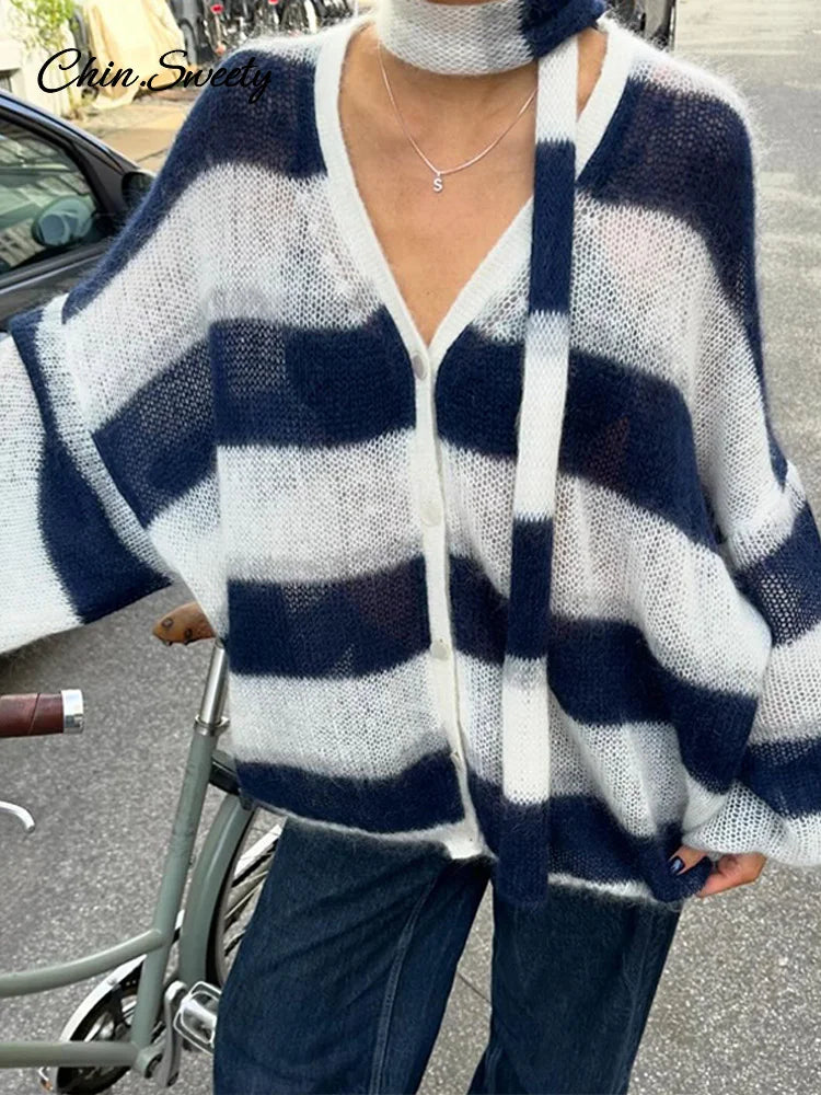 Loose Mohair Striped V-neck Cardigan With Scarf Lantern Sleeve Single Breasted Knitwear Lady New