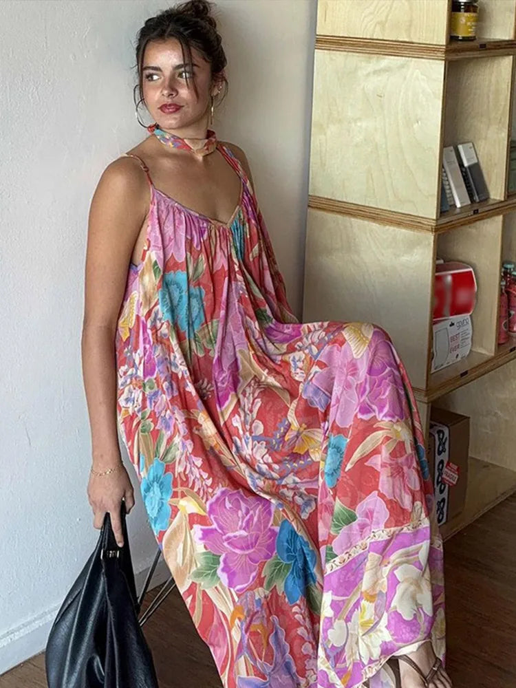Loose Printed V-neck Sling Dresses Retro Printing Sleeveless Backless Long Dress Female Spring Street Beach Holiday