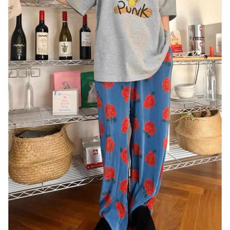 Print Threaded Straight Pants Summer New High Waist Loose All Match Pants