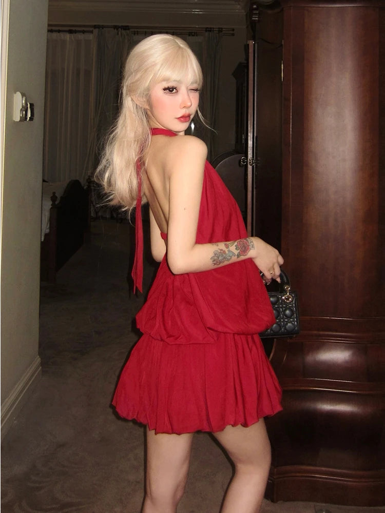 Red Mini Dress Club Even Party Clothing Outwear Sleeveless French Y2k Dress Female Summer