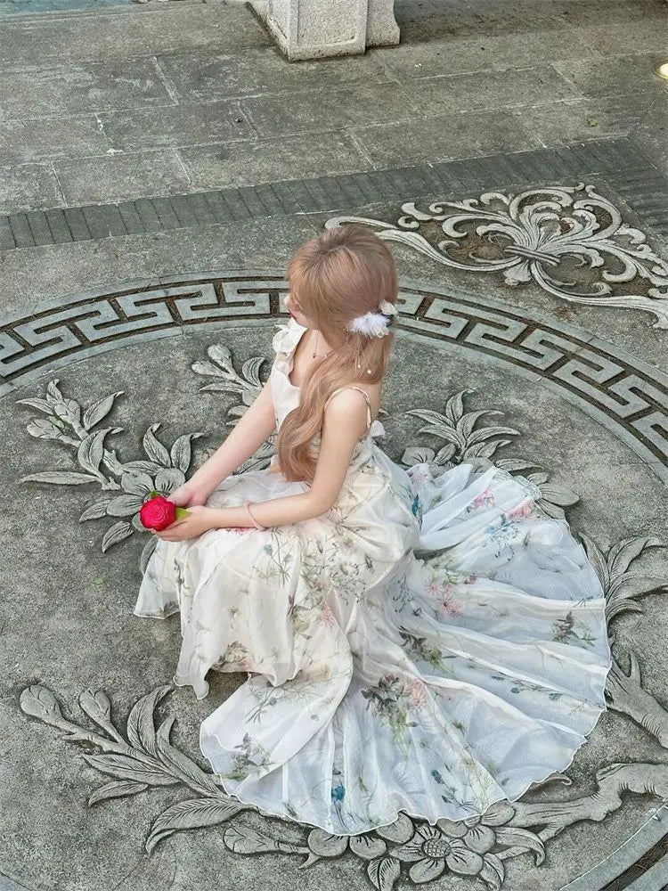 French Print Fairy Midi Dress Evening Party Bow Strap Dress Female Slim Korean Summer
