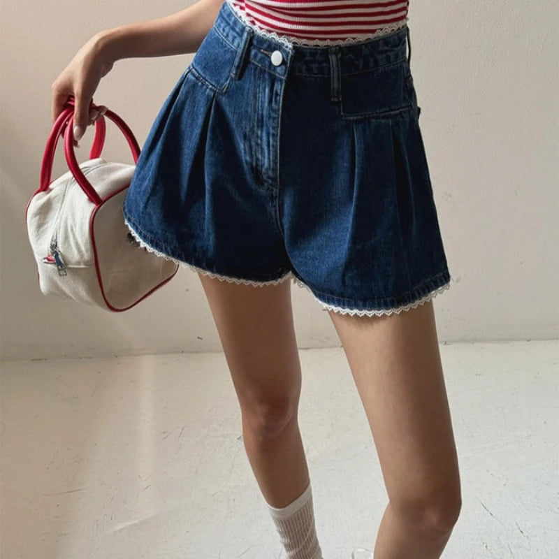 Spring Summer Lace Patchwork Denim Short Pants High Waist Loose Jeans Wide Leg Shorts for