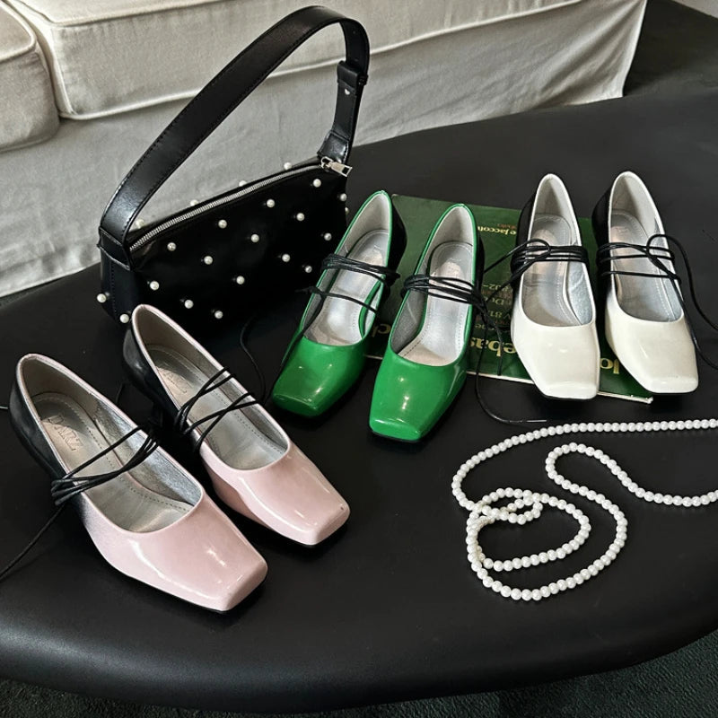 Squaretoed Mary Jane Shoes Pumps Mixed Colors Designer Slingback Shoes Female Retro Ankle Straps High Heels Mary Jane
