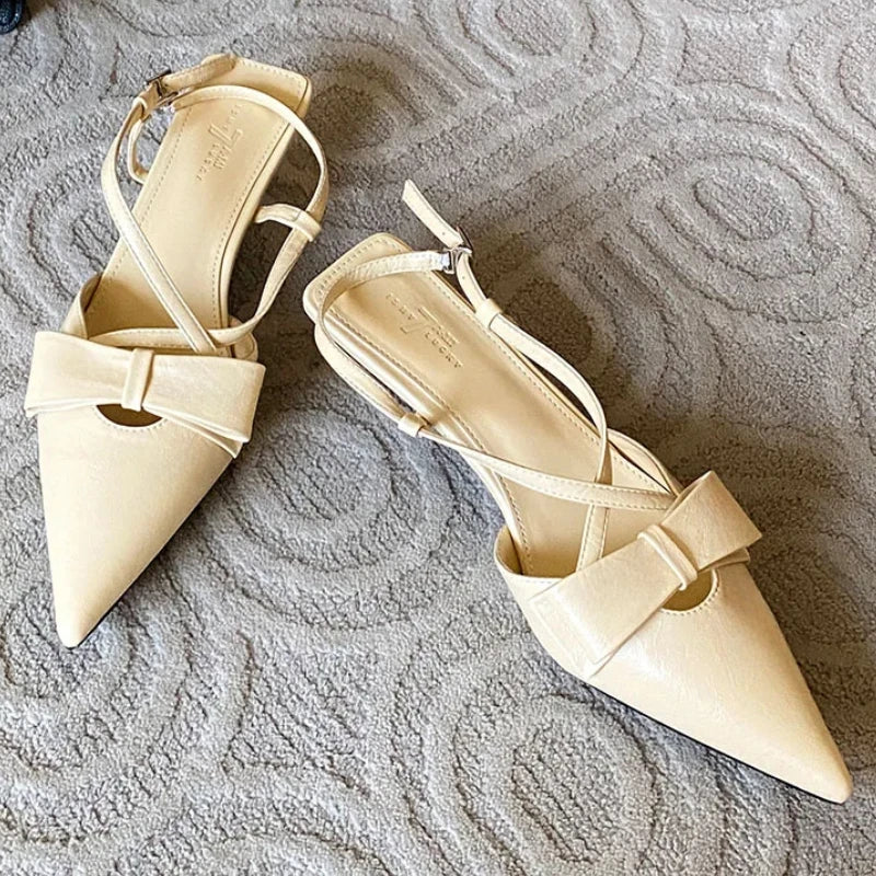 Sandals Butterflyknot Slingback Pointed Toe Pumps Crosstied Low Heeled Dress Shoes Zapatos De Mujer